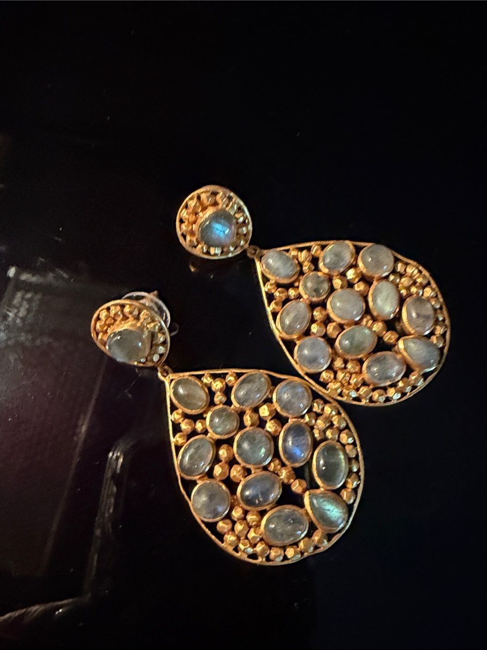 Gold-Tone Teardrop Earrings with Iridescent Gemstones